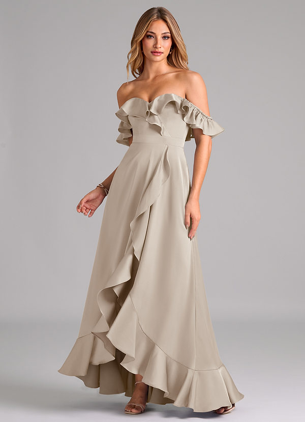 Azazie Lyra Bruidsmeisjes Jurken Converteerbaar Jurk van Stretch Satijn met A-Lijn Off the Shoulder Vorst image1