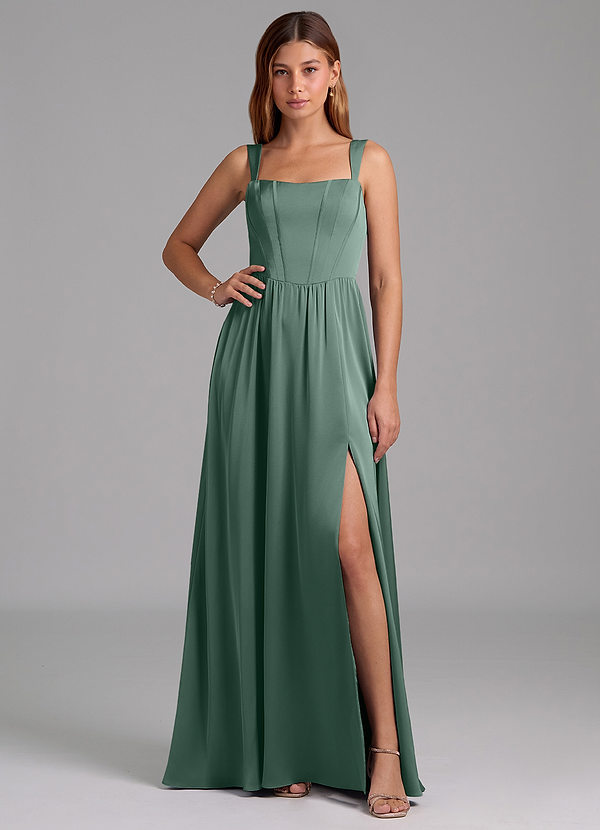 Azazie Rosaline Bridesmaid Dresses Eucalyptus A-Line Side Slit Stretch Satin Dress image1