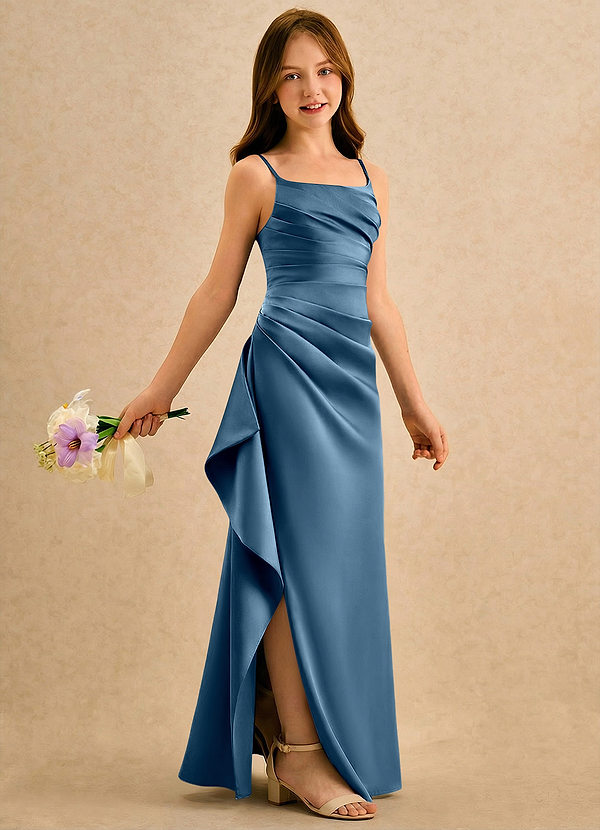 Azazie Cannoli Girls Formal Blomsterpigekjoler A-Line Plisseret Mat satin Gulv-længde Kjole image1