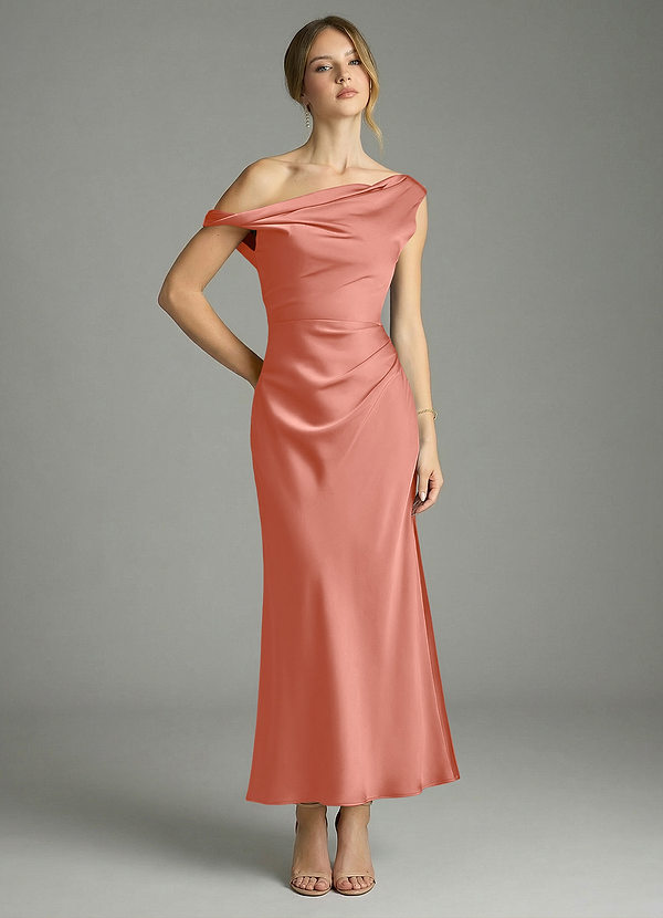 Azazie Emerson Bridesmaid Dresses Salmon Pink Mermaid Off the Shoulder Stretch Satin Dress image1