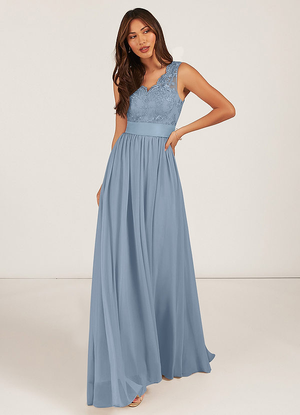 Azazie Gertrude Bridesmaid Dresses Dusty Blue A-Line Lace Chiffon Dress image1