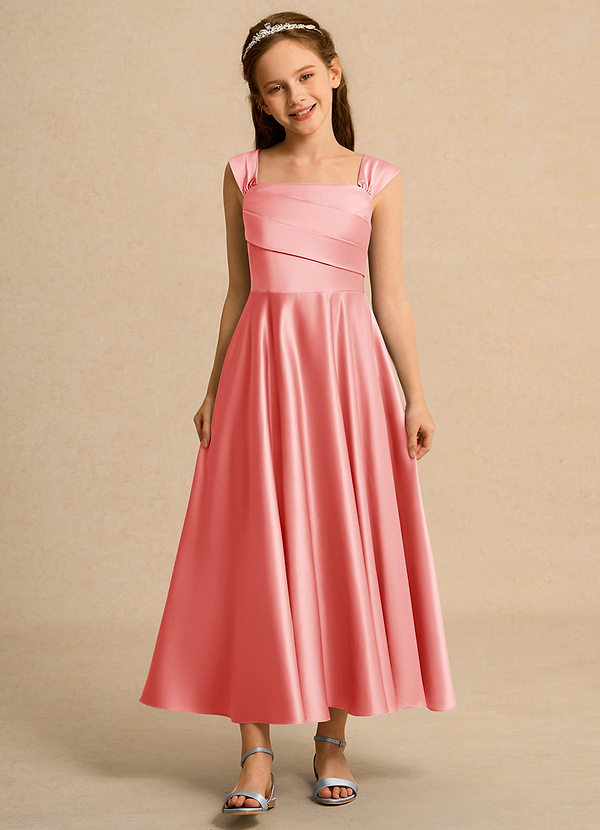 Azazie Bundle Junior Formal Blumenkinder Kleider A-Linie Plissee Matte Satin Kleid Koralle image1