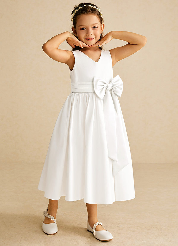 Azazie Darling Robes de Fillette d'Honneur Robe Trapèze en Coton Arc Ivoire image1