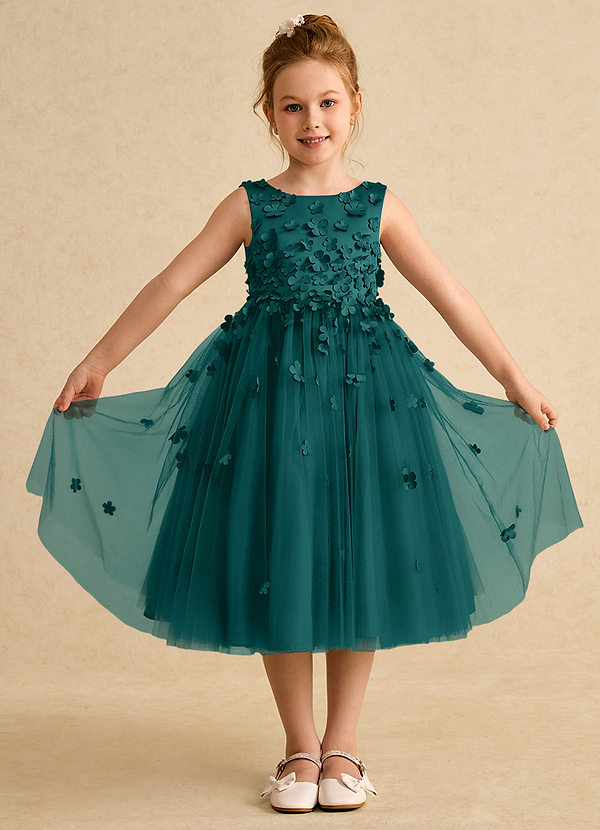 Azazie Lana Flower Girl Dresses Peacock A-Line Sleeveless Matte Satin Dress image1