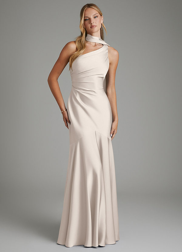 Azazie Amara Bridesmaid Dresses White Alabaster Mermaid One Shoulder Stretch Satin Dress image1