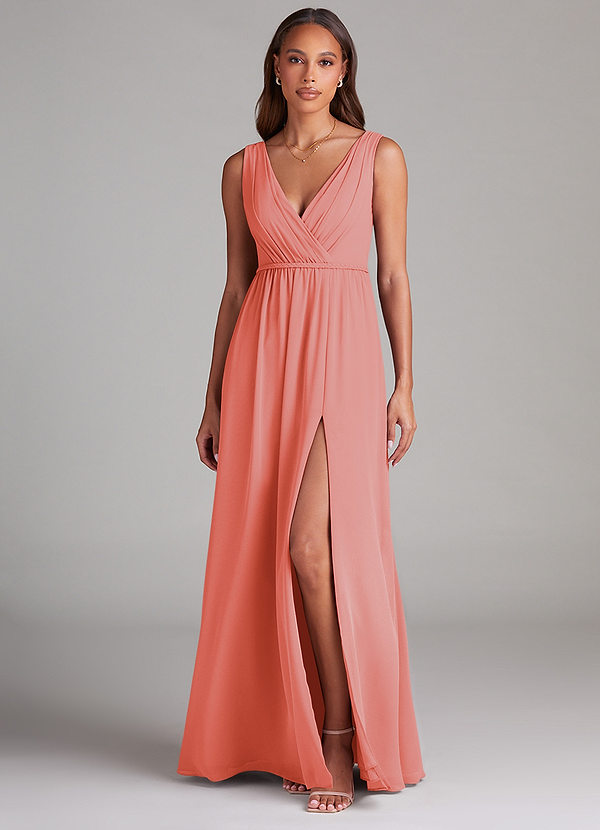 Azazie Tanicia Brautjungfernkleider A-Linie Plissee Chiffon Kleid Koralle image1
