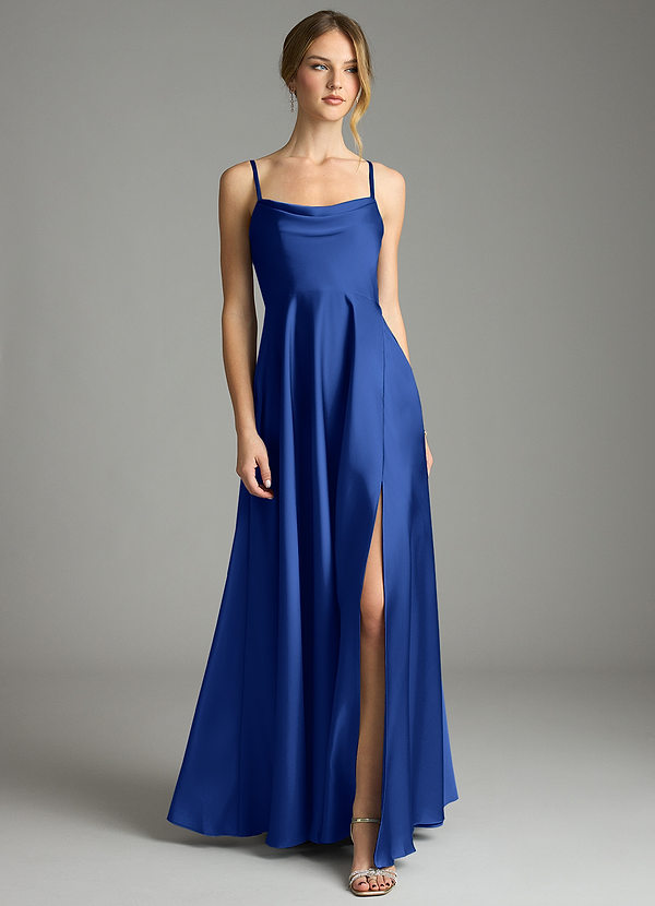 Azazie Elle Bridesmaid Dresses Royal Blue A-Line Pleated Stretch Satin Dress image1