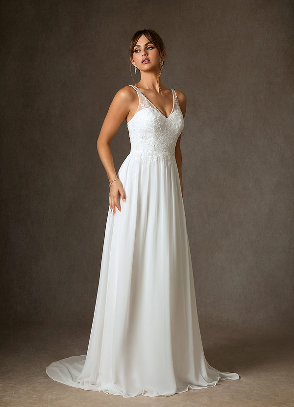 Azazie Carmella Robe de Mariée Robe Trapèze en Mousseline de soie Paillettes Blanc De Diamant image1