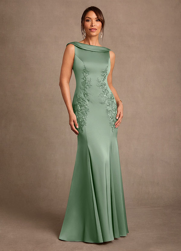 Azazie Franny Mother of the Brides Dresses Matcha Sheath Lace Stretch Satin Dress image1