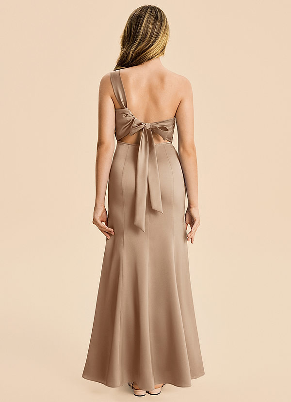 Azazie Ren Junior Taupe A-Line Pleated Stretch Satin Dress image1