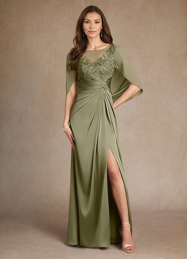 Azazie Hera Mother of the Brides Dresses Pistachio A-Line Lace Stretch Satin Dress image1