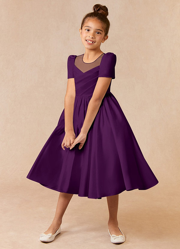 Azazie Anirra Flower Girl Dresses Grape Ball-Gown Pleated Matte Satin Dress image1