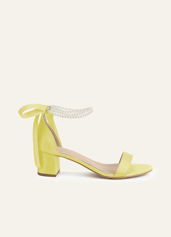 front Matching Color Matte Satin Pearl and Bow Open Toe Chunky Heel Sandals