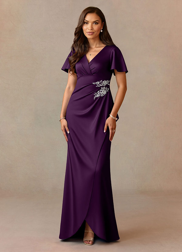 Azazie Robins Mother of the Brides Dresses Grape A-Line Pleated Stretch Satin Dress image1