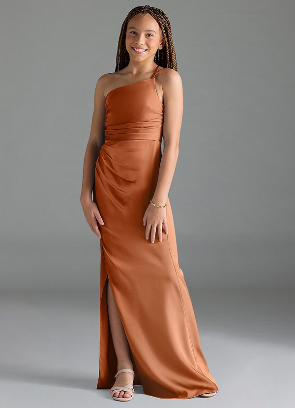 Azazie Eren Junior Copper Sheath Pleated Stretch Satin Dress image1