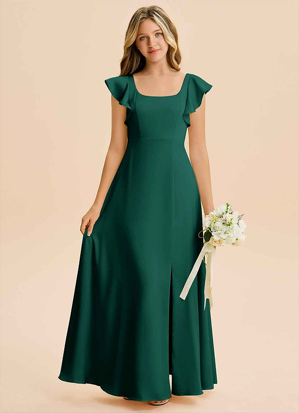 Azazie Bondi Junior Emerald A-Line Side Slit Stretch Satin Dress image1