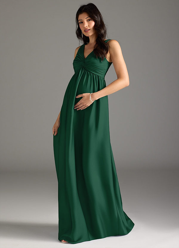 Azazie Yetta Maternity Bridesmaid Dresses A-Line Pleated Stretch Satin Floor-Length Dress image1
