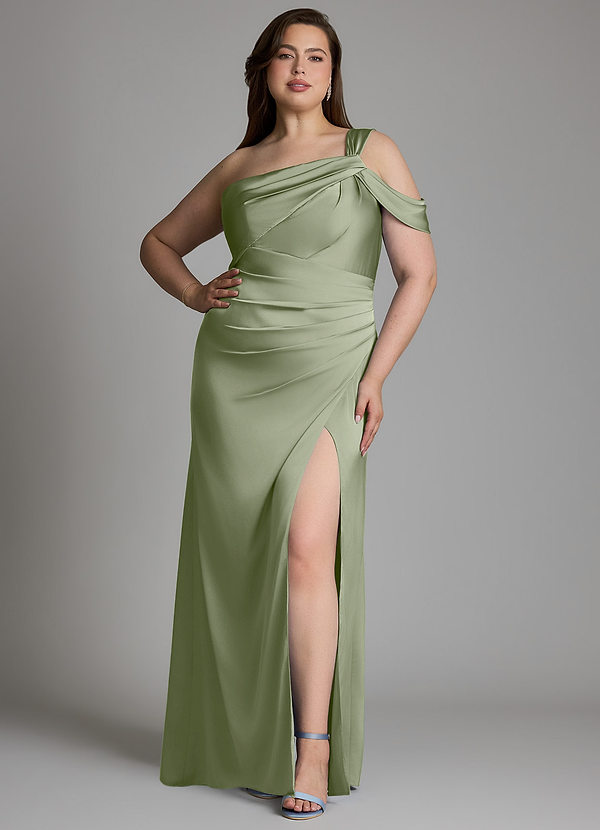 Azazie Wynter Bridesmaid Dresses Pistachio Sheath One Shoulder Stretch Satin Dress image1