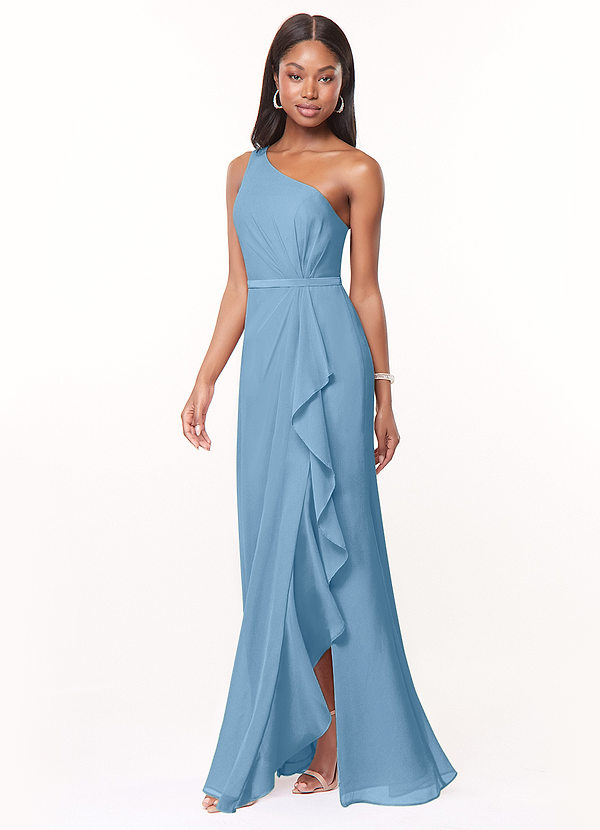 Azazie Liza Bridesmaid Dresses Steel Blue Mermaid One Shoulder Chiffon Dress image1