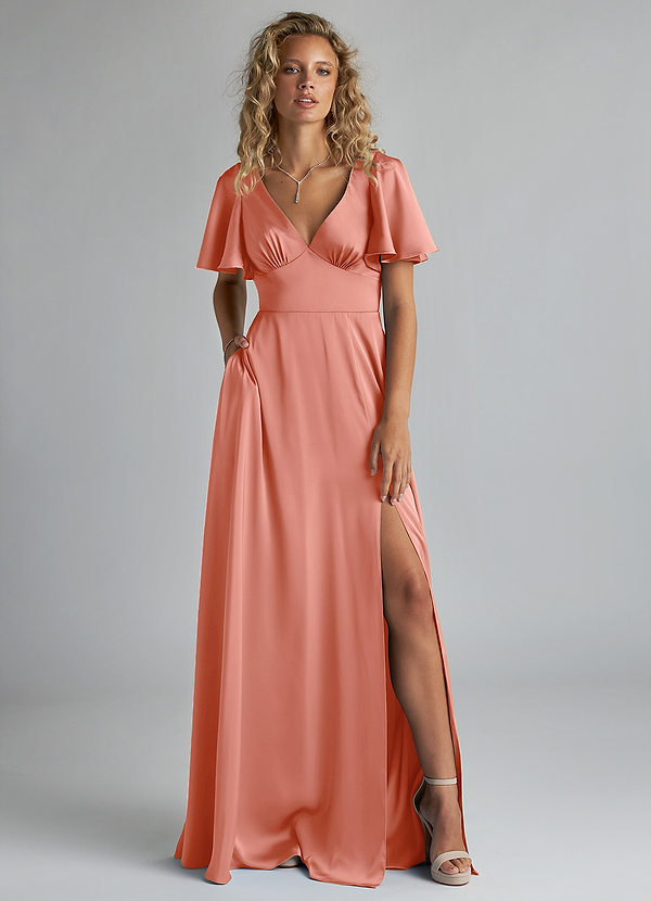 Azazie Kimber Bridesmaid Dresses Coral A-Line Ruched Stretch Satin Dress image1