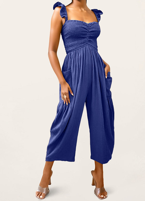 back Cool To Be Casual Cobalt Blue Smocked Sleeveless Jogger Jumpsuit