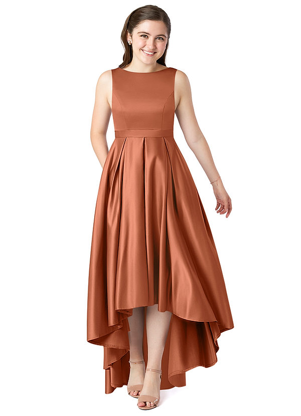 Azazie Inaya Junior Cedar Rose A-Line with Belt Stretch Satin Dress image1