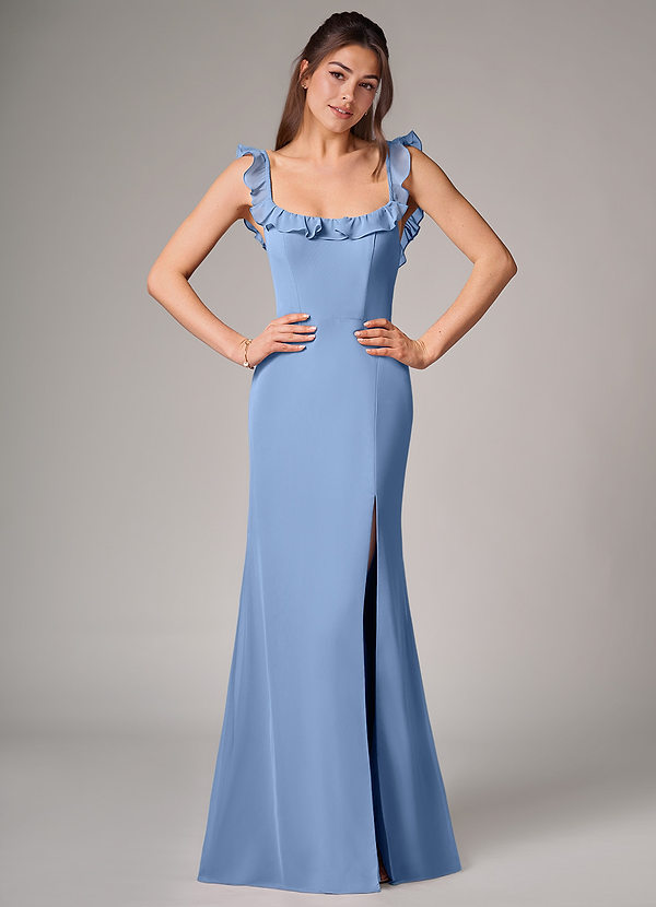 Azazie Callie Bridesmaid Dresses Steel Blue Mermaid Side Slit Chiffon Convertible Dress image1