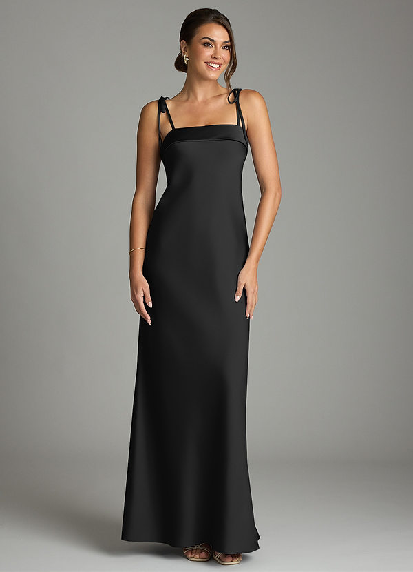 Azazie Ellia Bridesmaid Dresses Black Sheath Bow Stretch Satin Dress image1