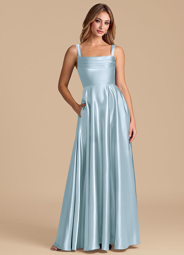 Azazie Shaude 신부 들러리 드레스 A라인 주름진 메탈릭 새틴 바닥 길이 드레스 image1