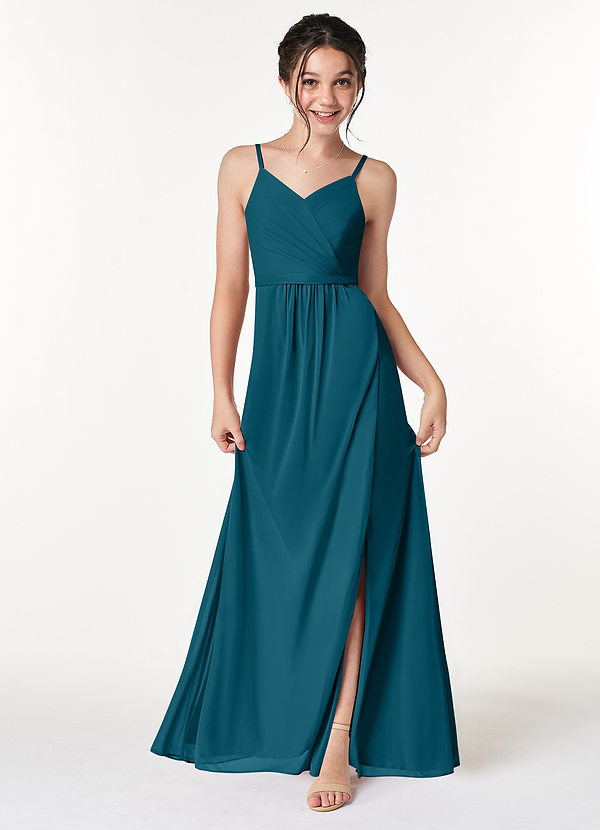 Azazie Luxy Junior Ink Blue Pleated Mesh Dress image1