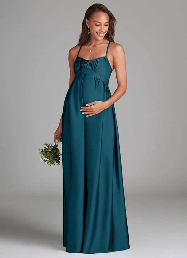 Azazie Llana Gravid brudtärna Klänningar Klänning A-Linje med fickor Golvlängd Stretch Satin image1