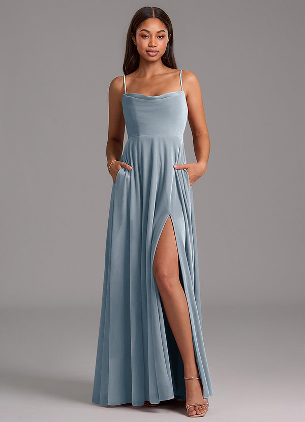 Azazie Elle Brautjungfernkleider A-Linie mit Taschen Samt Kleid Staubblau image1