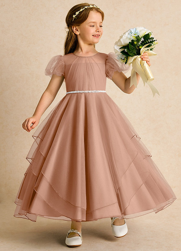 Azazie Duckie Abiti da Ragazza di Fiori Abito Principessa in Tulle Plissettato Champagne Rosa image1