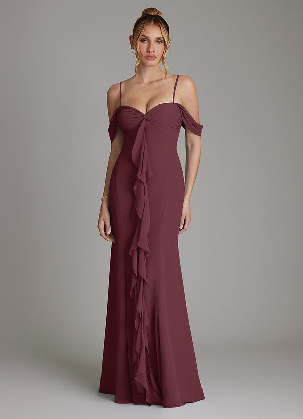 Azazie Karmela Bridesmaid Dresses Cabernet A-Line Off the Shoulder Chiffon Dress image1