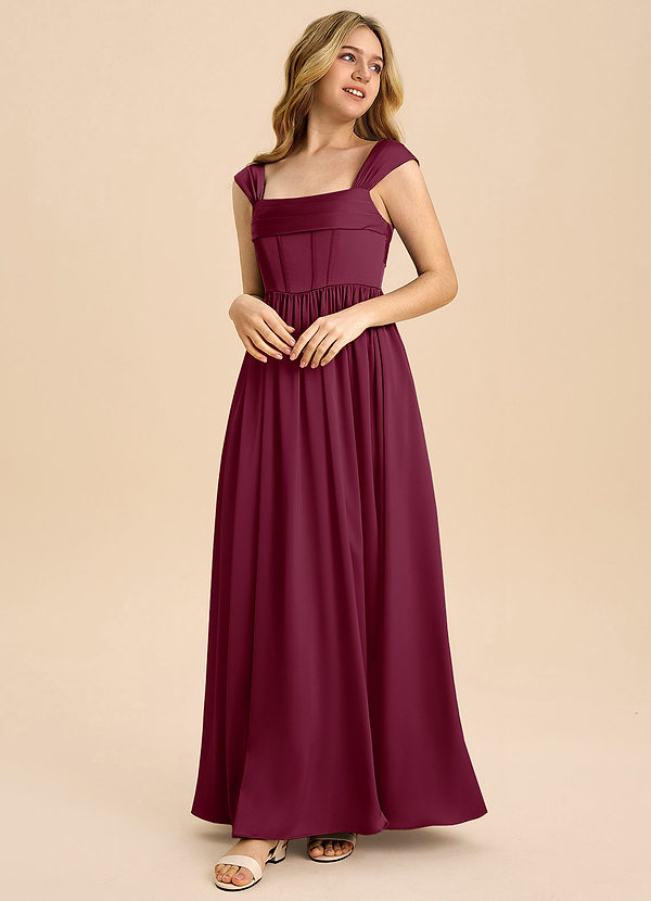 Azazie Hattie Junior Mulberry A-Line Pleated Stretch Satin Dress image1