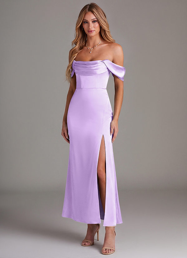 Azazie Saige 신부 들러리 드레스 인어 오프 더 숄더 스트레치 새틴 발목 길이 드레스 image1