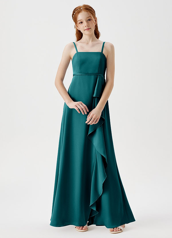 Azazie Kaylee Junior Robe Trapèze en Satin extensible avec ceinture Paon image1