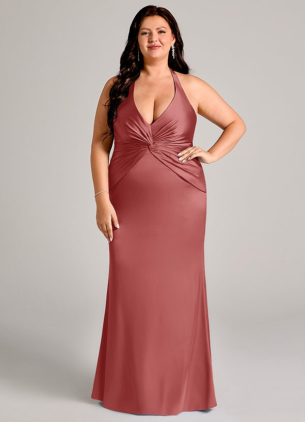 Azazie Valerie Vestidos Dama de Honor Vestido de Rosa Antigua de Satén Elástico de Corte Sirena con Plisado image1