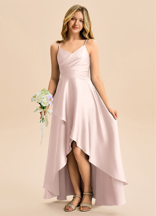 Azazie Eirlys Junior Blushing Pink A-Line Pleated Stretch Satin Dress image1