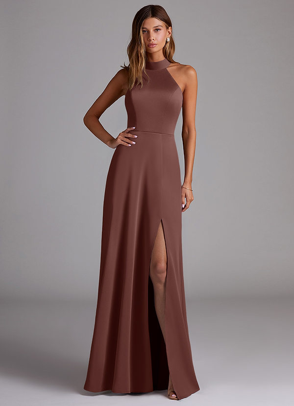 Azazie Myra Bridesmaid Dresses Espresso A-Line Side Slit Stretch Satin Dress image1