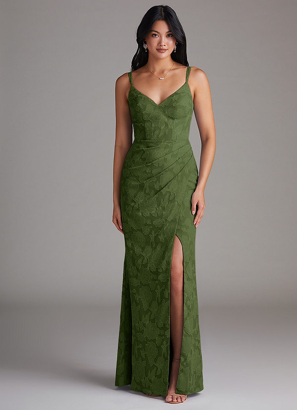 Azazie Leo Bridesmaid Dresses Olive Sheath Pleated Floral Burnout Dress image1