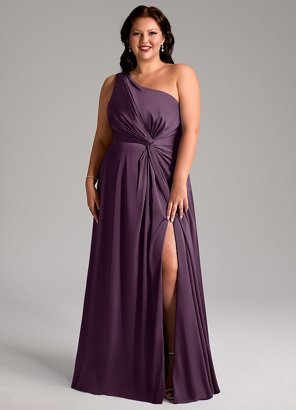 Azazie Brooke Bridesmaid Dresses Plum A-Line One Shoulder Stretch Satin Dress image1