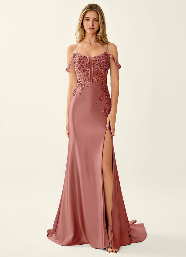 Roxane Rosa Vestido de fiesta estilo sirena con corsé de encaje, espalda con cordones y abertura alta. image1