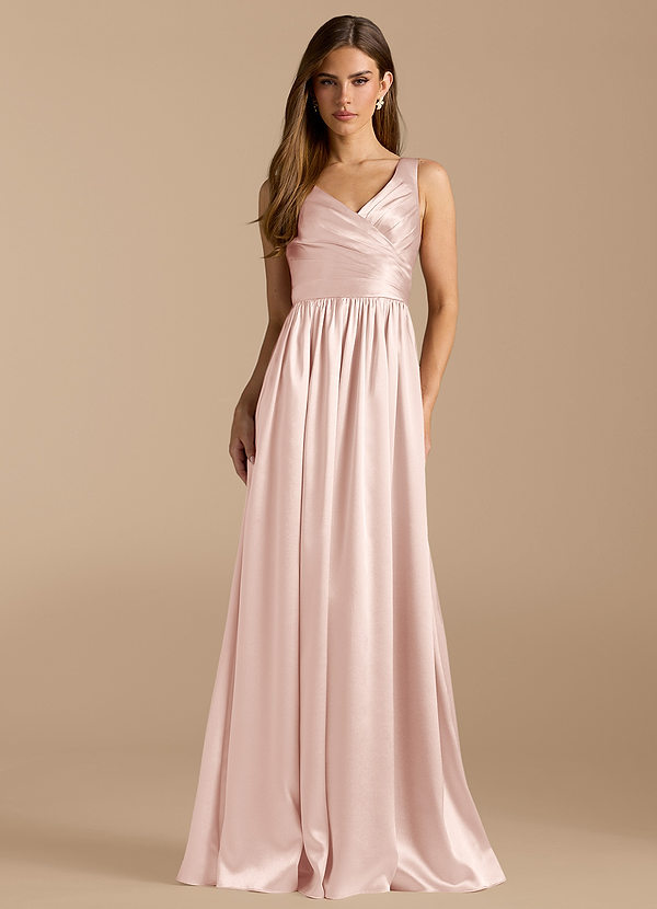 Azazie Keyla Bridesmaid Dresses Blushing Pink A-Line Pleated Metallic Satin Dress image1