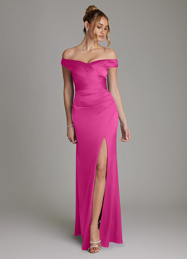 Azazie Teyana Robes Demoiselle d'honneur Robe Fourreau en Satin extensible Épaule décolletée Fuchsia image1