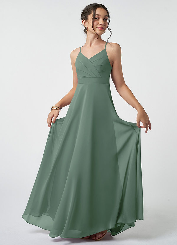 Azazie Avelina Junior Eucalyptus A-Line Pleated Chiffon Dress image1