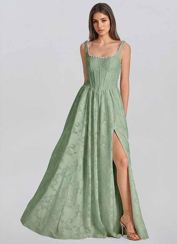 Solange Licht Groen Jacquard jurk met zijsplit image1