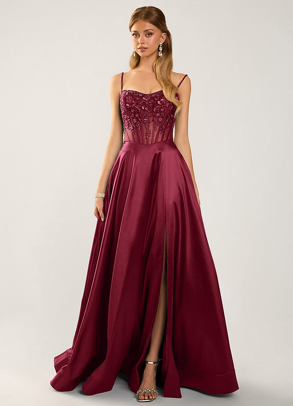 Saogrien Borgogna Abito da sera in raso con ricami di pizzo e paillettes. image1