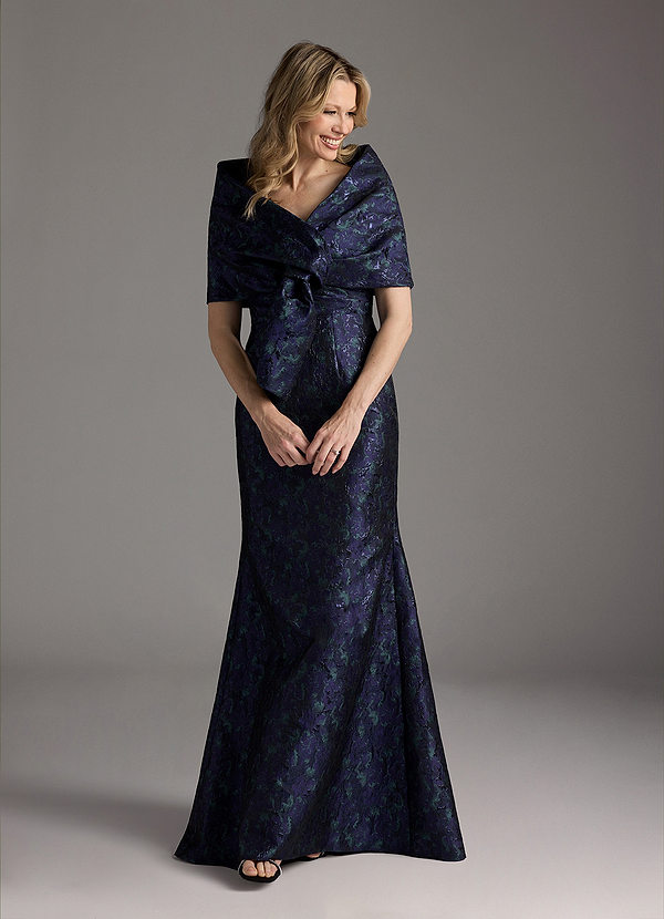 Azazie Elanor Mother of the Bride Dresses Dark Navy Mermaid Pleated Jacquard 1 Dress image1