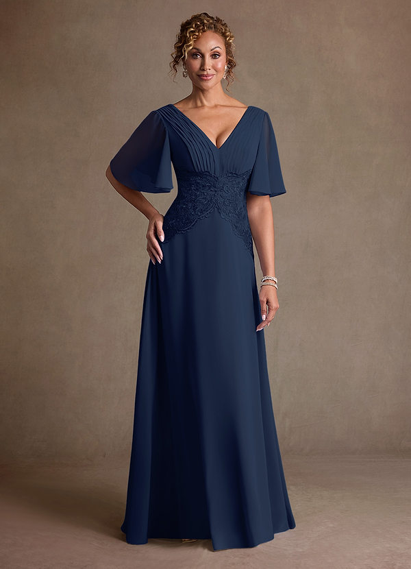 Azazie Milliat 신부의 어머니 드레스 A라인 레이스 쉬폰 플로어 길이 드레스 image1